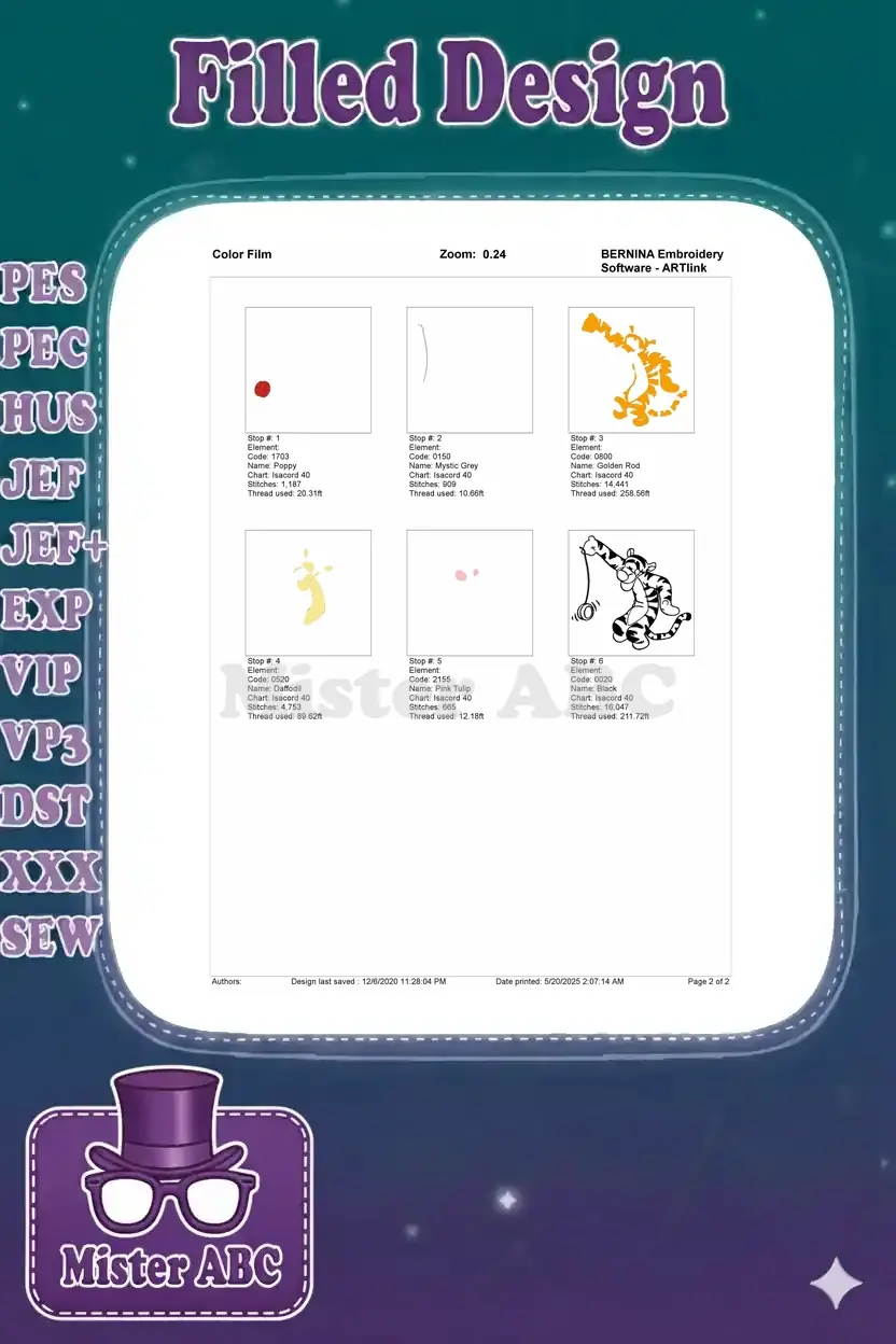 Color film breakdown of the Tigger embroidery design, showing each color layer and stitch sequence step-by-step.