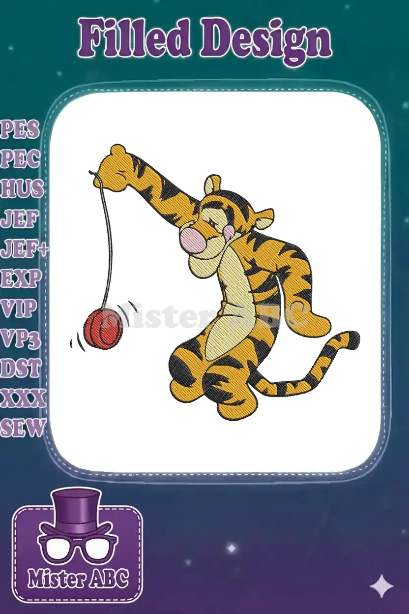 Close-up of Tigger from Winnie the Pooh playing with a red yo-yo, showcasing detailed machine embroidery.