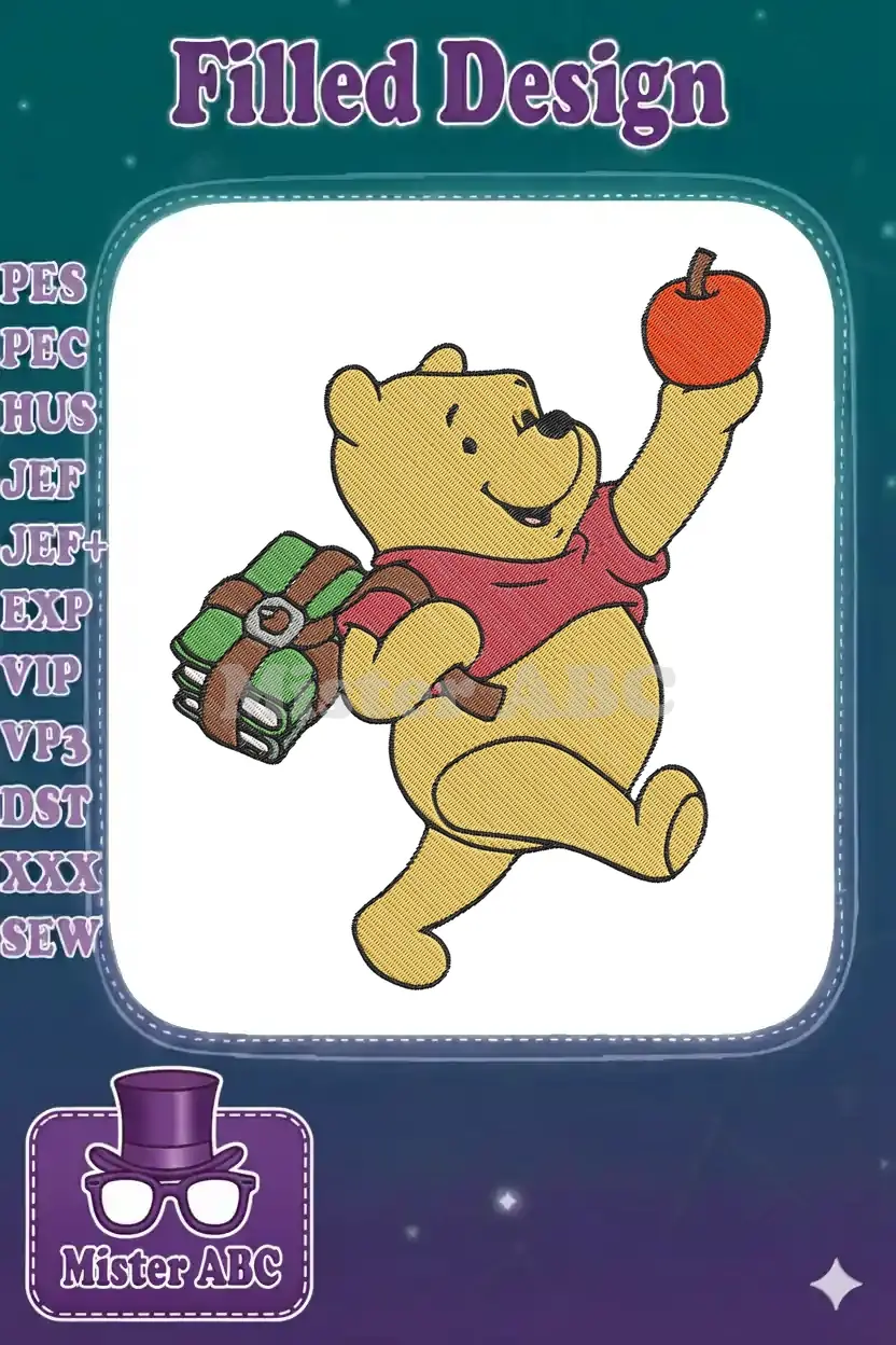 Winnie the Pooh embroidery design, happily skipping with a red apple and stack of green books, on a white background.