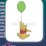 Adorable Winnie the Pooh flying with a green balloon embroidery designs - Instant Download