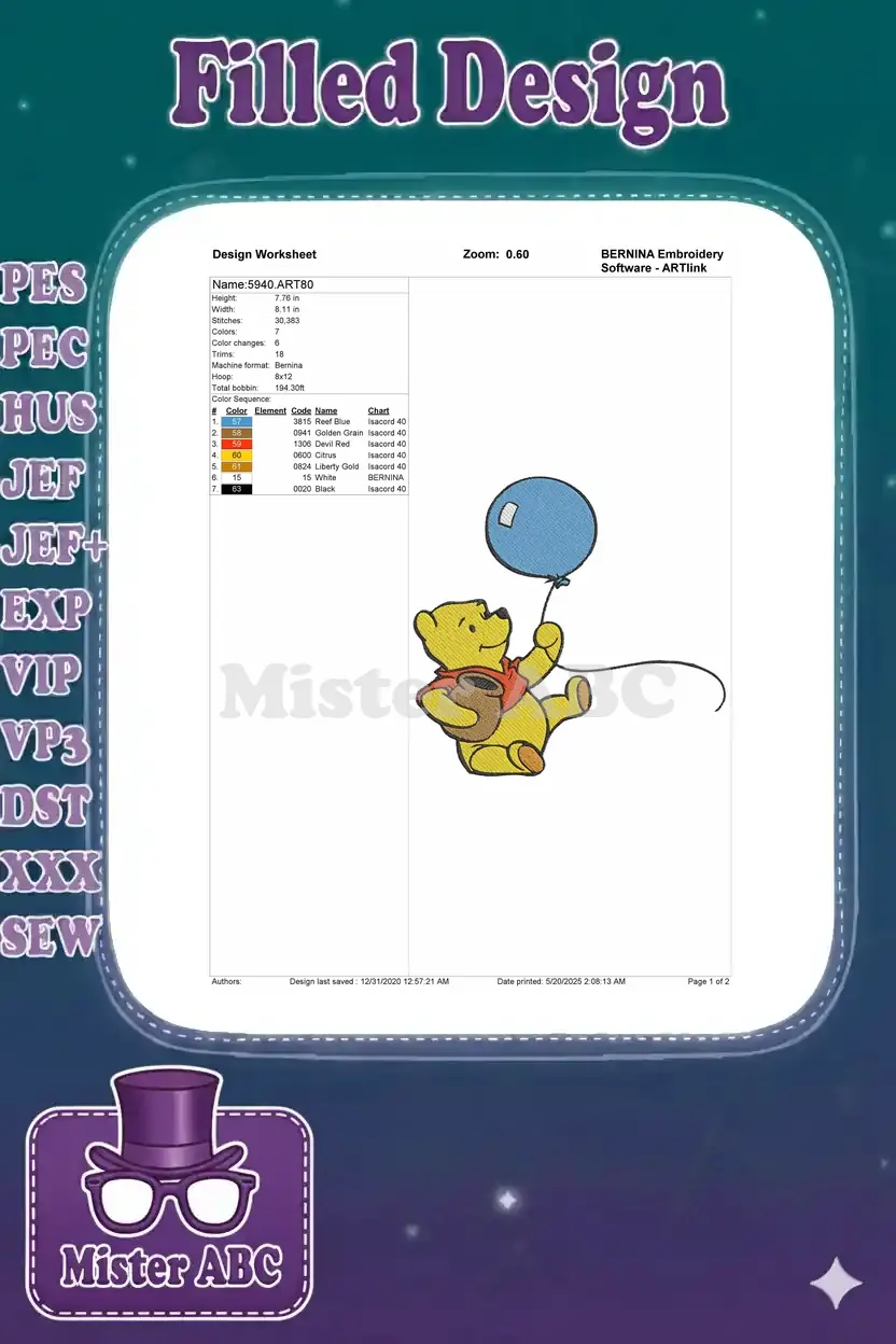 Embroidery design worksheet for Winnie the Pooh, showing dimensions, stitch count, colors, and format details.