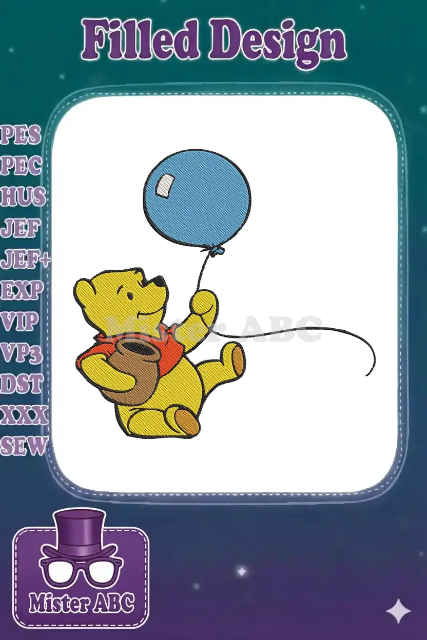 Winnie the Pooh holding a blue balloon and a honey pot, an adorable, classic cartoon embroidery design.