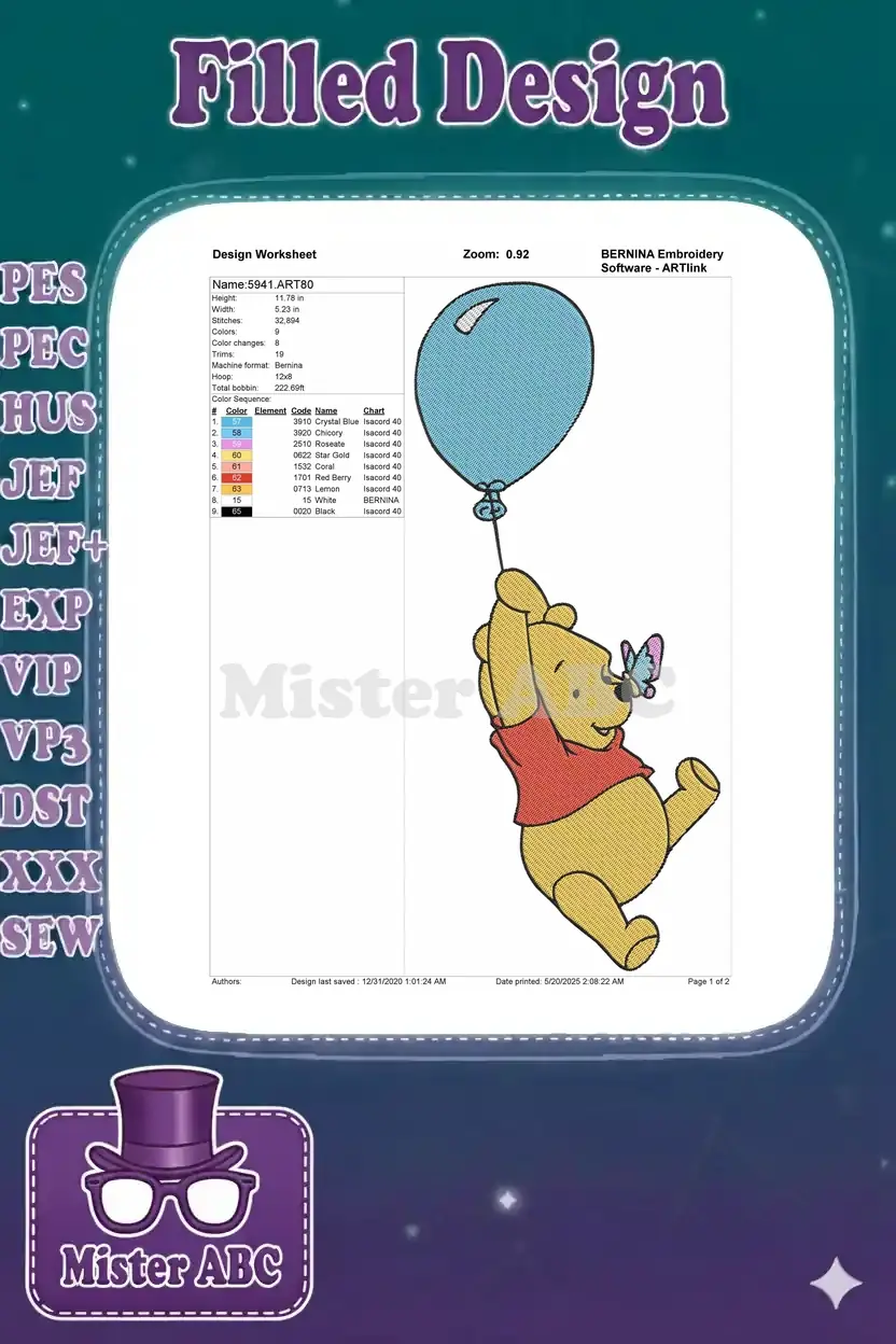 Winnie the Pooh embroidery design worksheet detailing dimensions, stitch count, color chart, and thread codes.