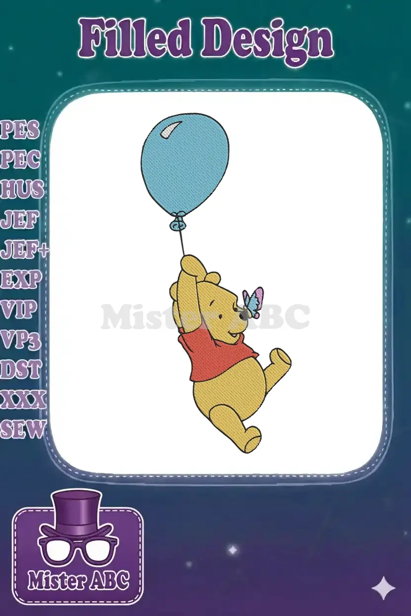 Winnie the Pooh embroidery in yellow and red, holding a blue balloon, with a purple butterfly on his nose.