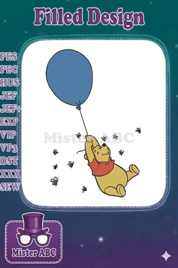 Winnie the Pooh embroidery design, holding a blue balloon and floating amidst several buzzing bees, on a white background.