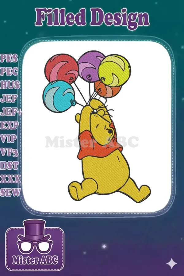 Winnie the Pooh holding a vibrant cluster of balloons, showcasing a delightful, detailed embroidery design.
