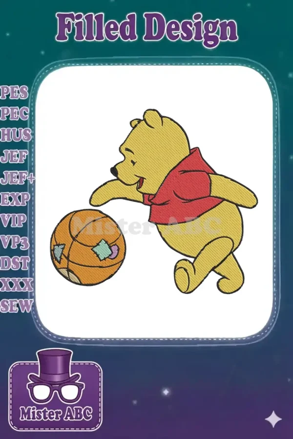 Winnie the Pooh in a red shirt dribbling an orange basketball with colorful patches, an adorable embroidery design.