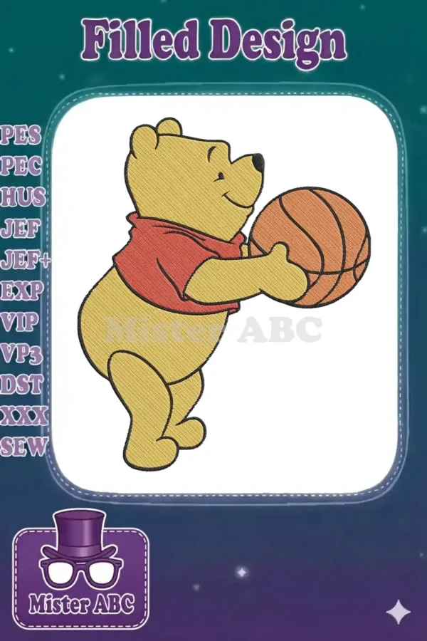 Winnie the Pooh holding a basketball, a delightful embroidery design with detailed stitching and vibrant colors, ready for any project.