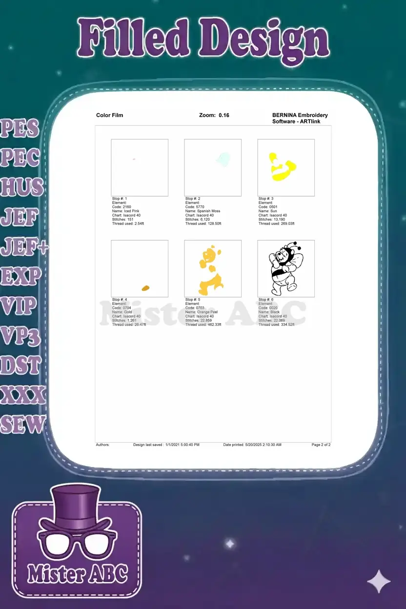Color film breakdown for Winnie the Pooh bee embroidery, showing each color stop and its corresponding stitches.