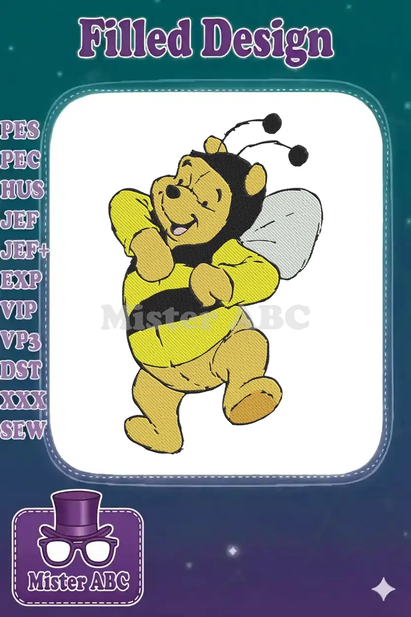 Winnie the Pooh dressed as a cheerful bee, dabbing with a wide smile, showcasing vibrant yellow and black stitches.