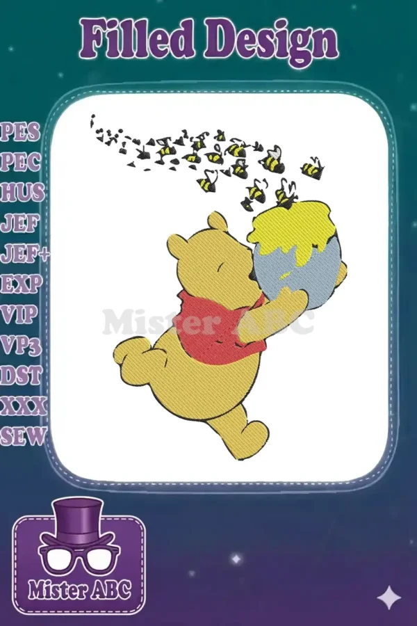 Winnie the Pooh clutching a honey pot with golden honey dripping, surrounded by a lively swarm of black and yellow bees.