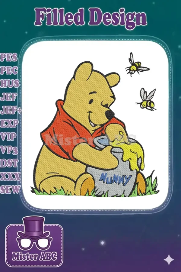 Classic Winnie the Pooh embroidery, happily enjoying honey from his pot, with two buzzing bees nearby. Detailed.