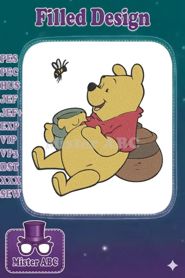 Winnie the Pooh embroidery design, happily sitting with a honey pot, a bee flying above, detailed fill stitch.