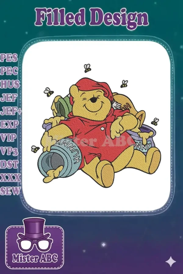Embroidered Winnie the Pooh, joyfully sitting amidst honey pots with buzzing bees, a delightful and classic scene for any project.
