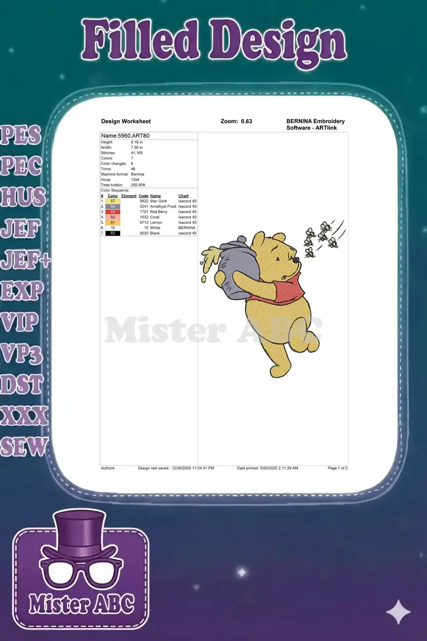Embroidery design worksheet for Winnie the Pooh, showing dimensions, stitch count, color sequence, and machine info.
