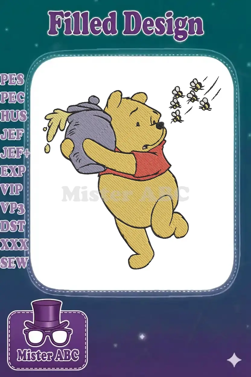 Winnie the Pooh running with a purple honey pot, spilling honey, while being chased by a swarm of bees.