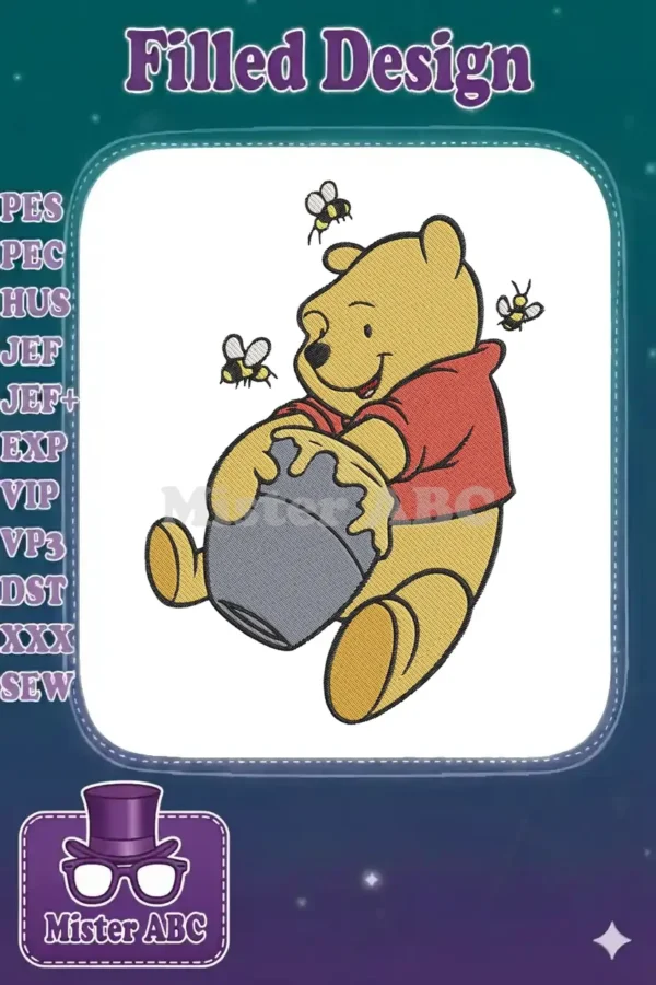 Winnie the Pooh embroidery design, showing Poohbear happily holding a honey pot with three buzzing bees around him.