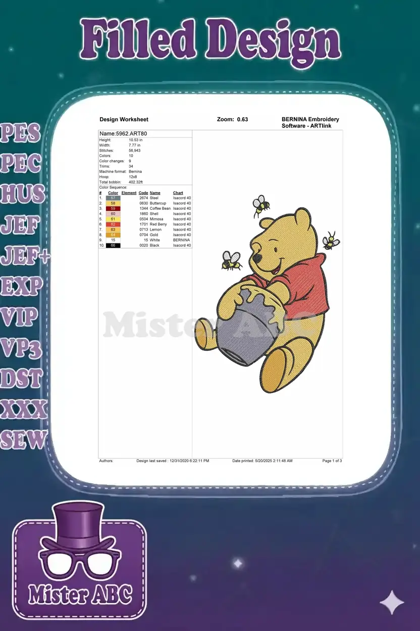 Embroidery design worksheet detailing height, width, stitch count, color changes, and thread color sequence for Poohbear.