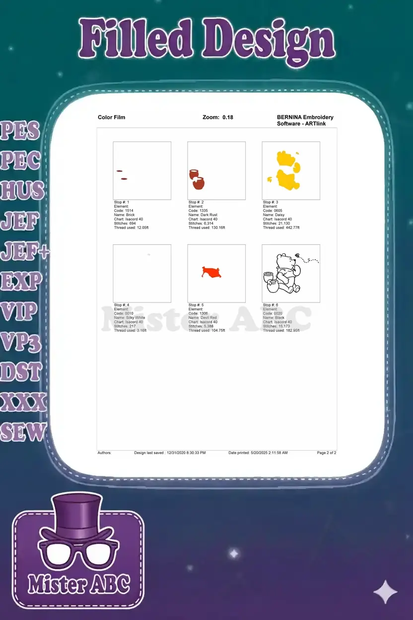 Color film breakdown of Winnie the Pooh embroidery, showing each color layer and stitch sequence.