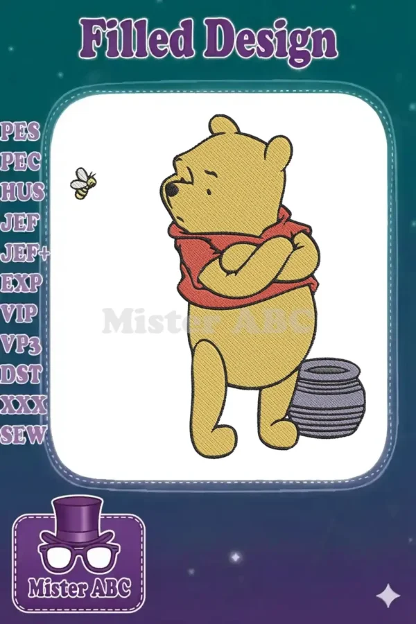 Winnie the Pooh embroidery design with an inquisitive expression, looking at a buzzing bee near his empty honey pot.