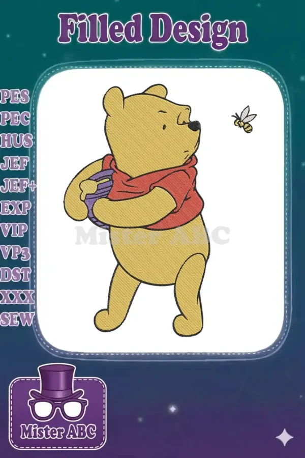 Winnie the Pooh embroidery design, yellow bear in red shirt, holding purple honey pot, looking at a bee.