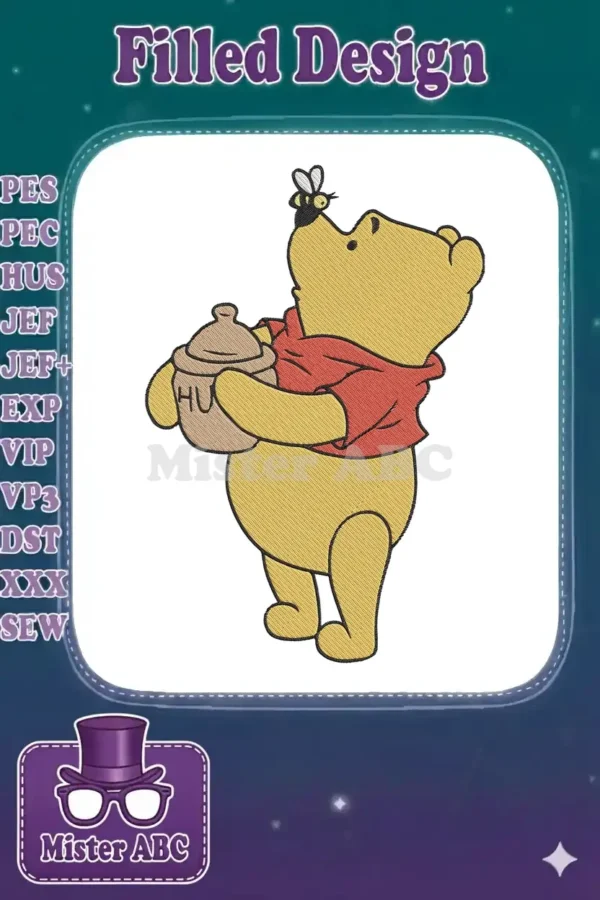 Winnie the Pooh holding a honey pot, looking up at a bee on his nose, depicted in a classic embroidery style.