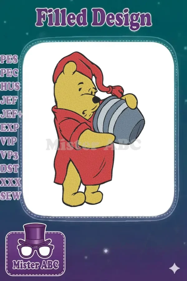 Winnie the Pooh in a red nightshirt and cap, holding a striped honey pot, rendered as a detailed embroidery.
