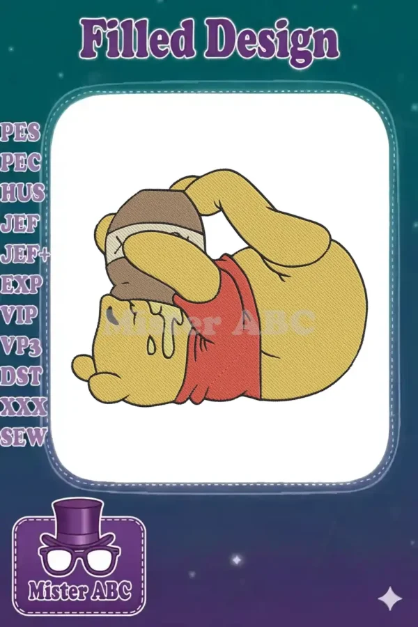 Winnie the Pooh happily enjoying a honey pot, a classic and adorable embroidery design for fans.
