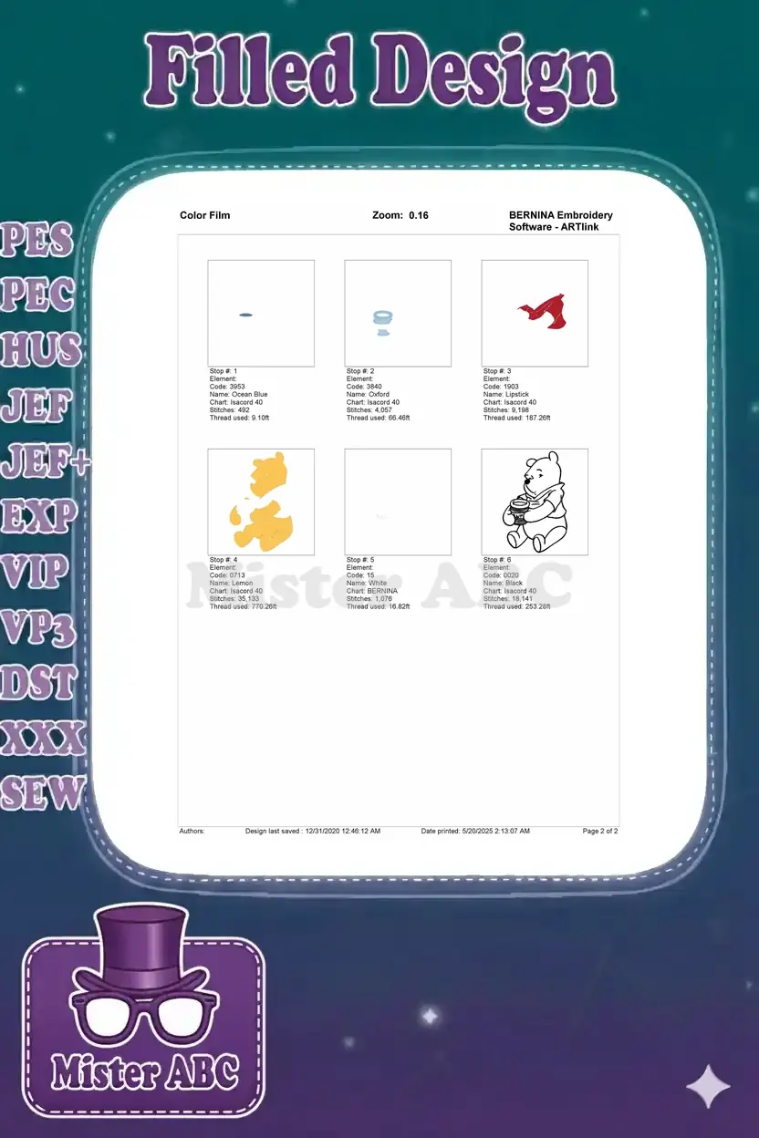 Detailed color film breakdown for the Pooh embroidery, showing stitch order and thread usage for each step.