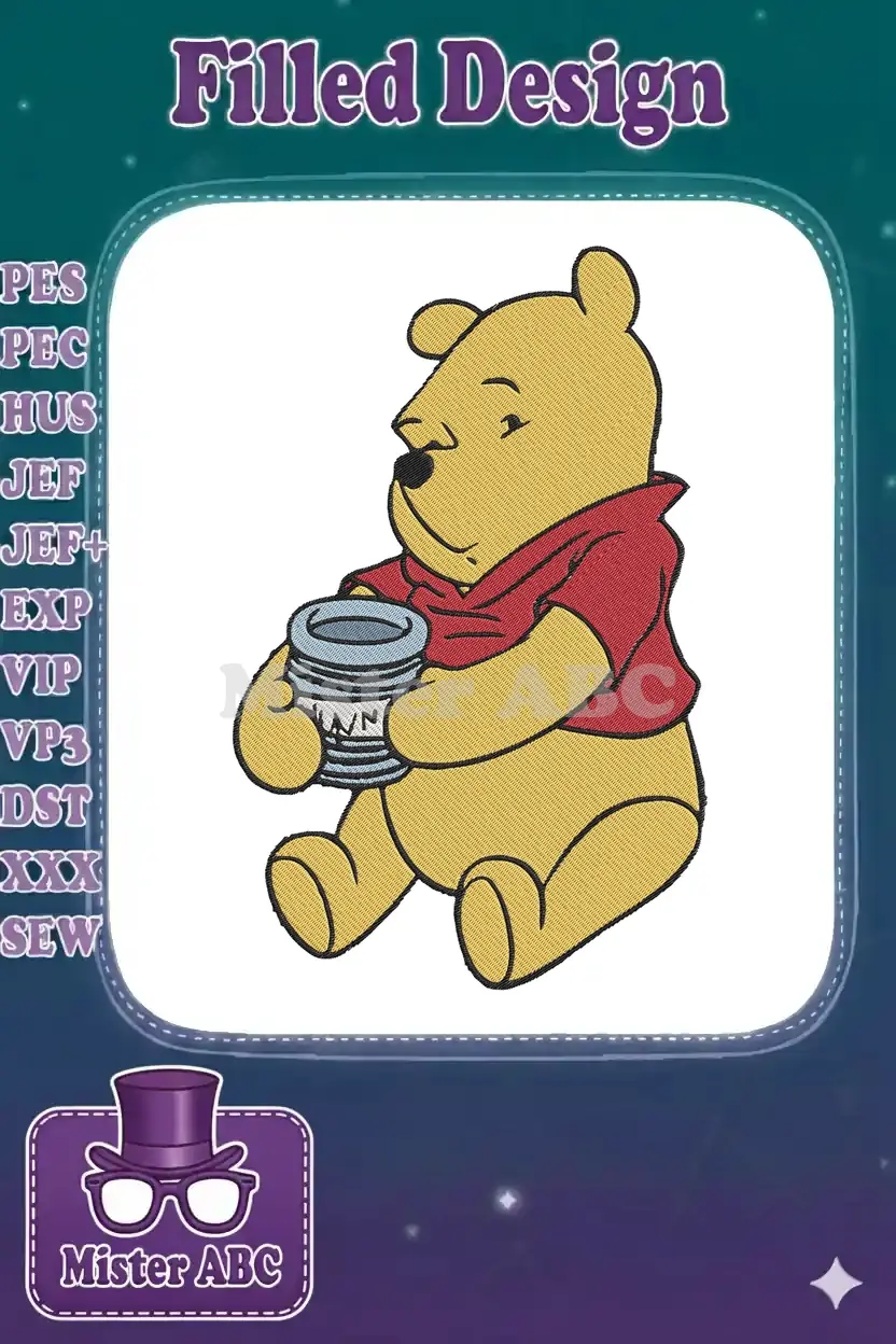 A charming embroidery of Winnie the Pooh, sitting happily while clutching his beloved honey pot, ready for stitching.