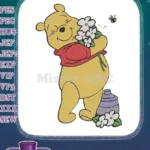 Happy Winnie Pooh holding flowers bee and honey pot embroidery designs - Instant Download