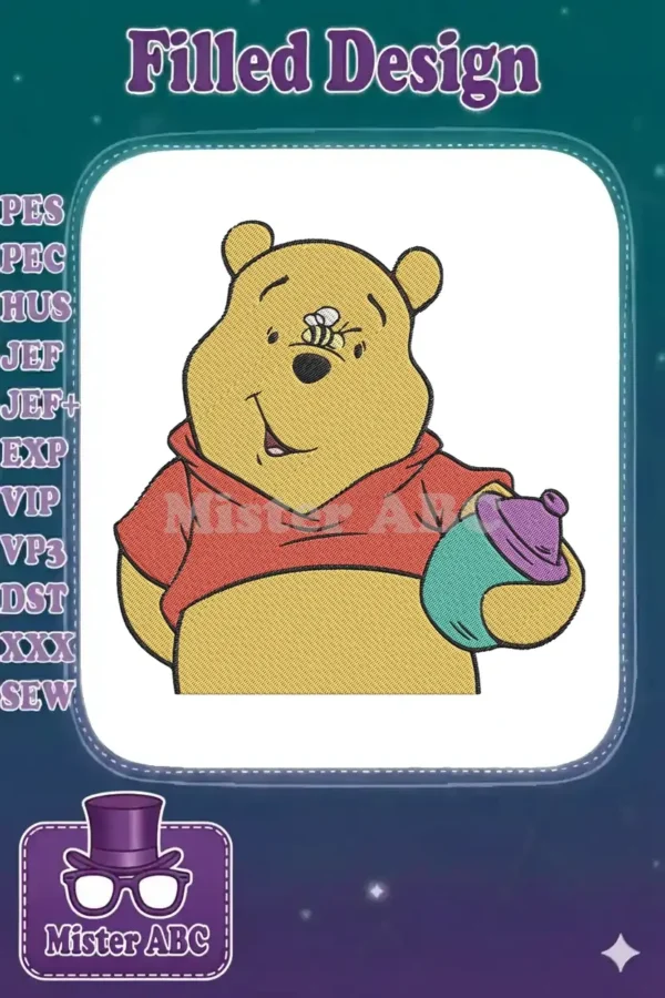 Winnie the Pooh embroidery design, yellow bear in red shirt with bee on nose, holding a purple and teal bottle.