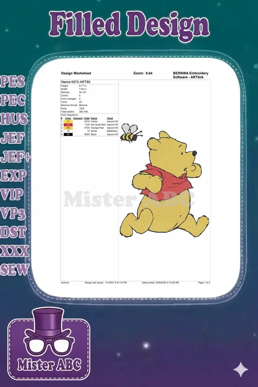 Detailed embroidery design worksheet showing dimensions, stitch count, color sequence, and machine information.