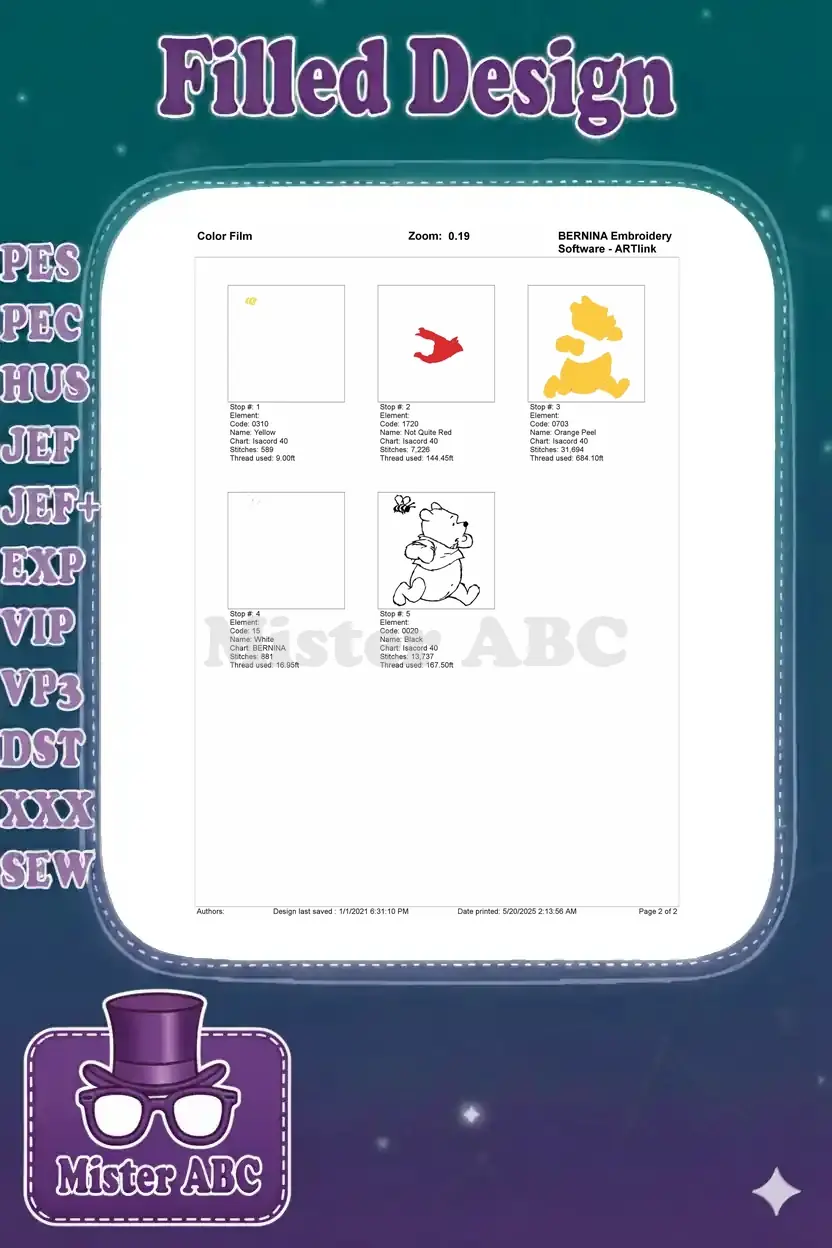 Embroidery color film breakdown, illustrating each stitch stop and thread usage step-by-step for the design.