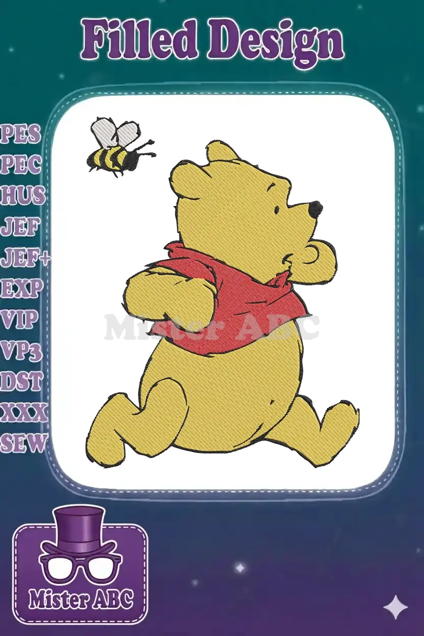 Winnie the Pooh, the beloved bear, running with joyful abandon while a small bee buzzes above him.
