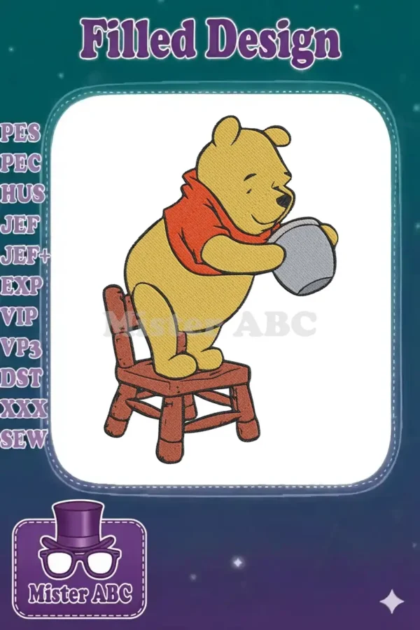 Winnie the Pooh embroidery design showing the lovable bear on a small chair, eagerly reaching for a honey pot.