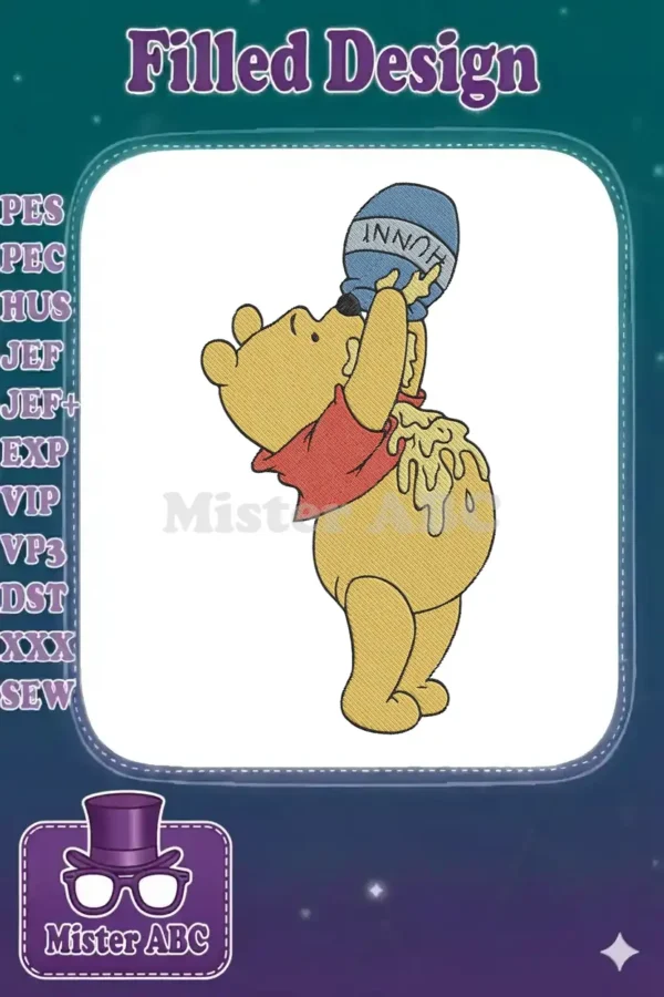 Winnie the Pooh embroidery design, happily drinking honey from a blue 'HUNNY' pot, with honey dripping.