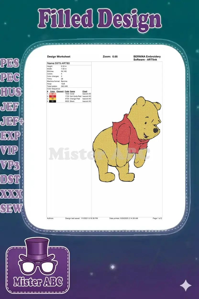 BERNINA embroidery design worksheet showing Winnie the Pooh, with dimensions, stitch count, and detailed color chart.