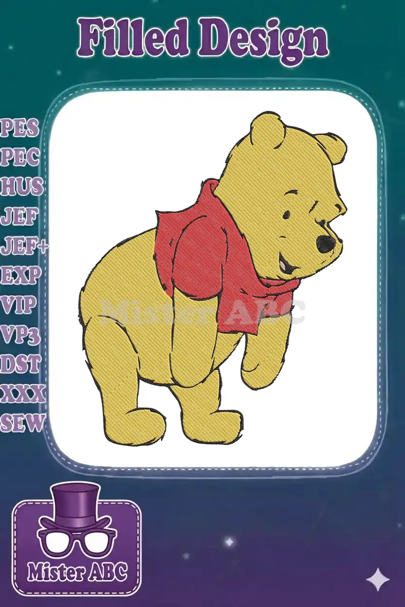 A vibrant embroidery design featuring Winnie the Pooh standing, smiling, with a classic red shirt, ready for various projects.