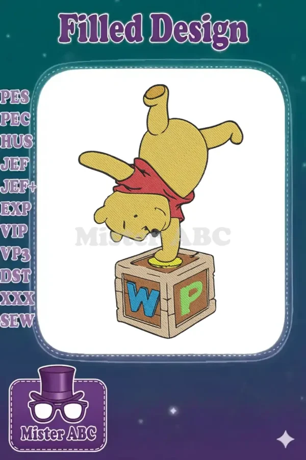Winnie the Pooh performing a handstand on a 'WP' block, featuring detailed embroidery with vibrant colors.
