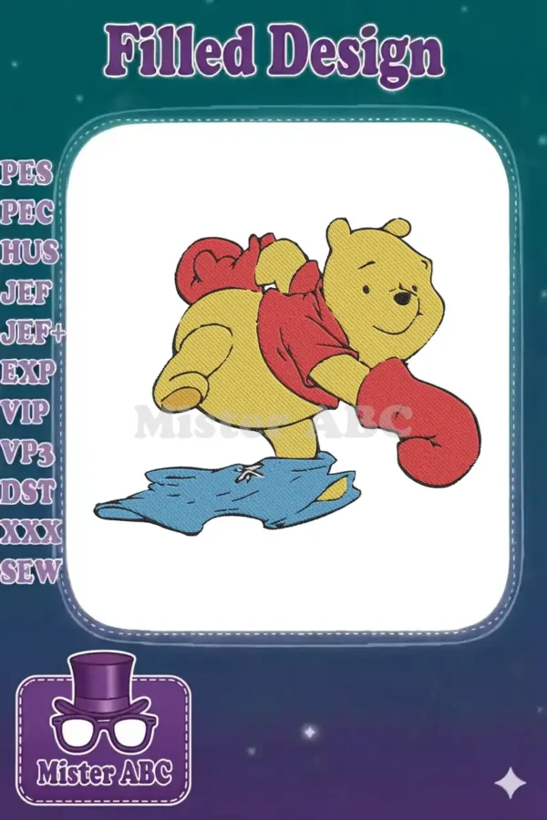 Winnie the Pooh embroidery design featuring the beloved bear comically struggling to put on a red shirt and blue pants.