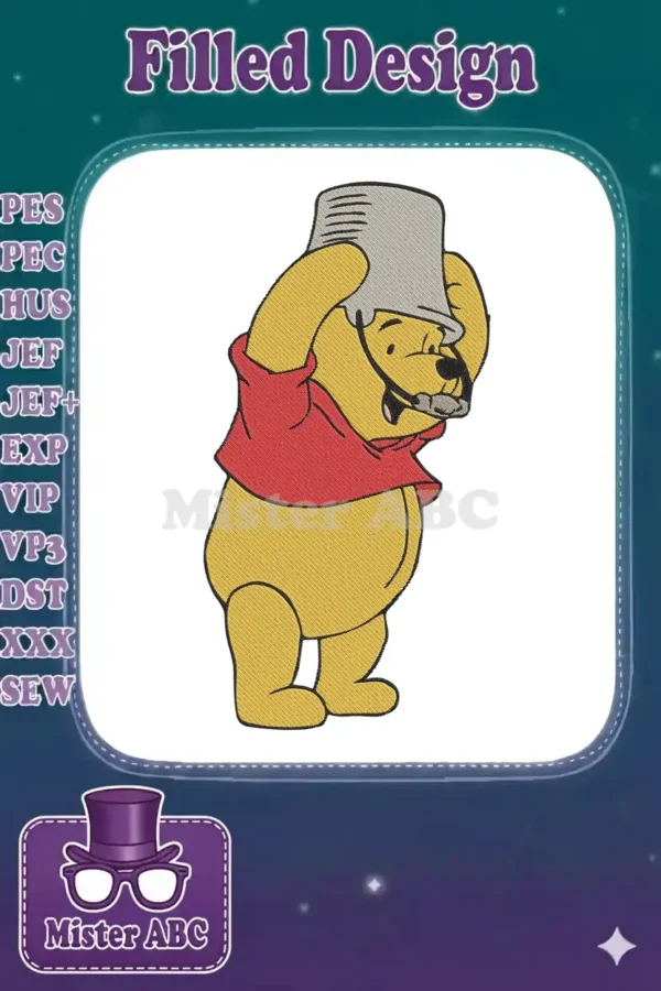 A delightful embroidery design of Winnie the Pooh wearing a red shirt, playfully holding a grey bucket over his head.