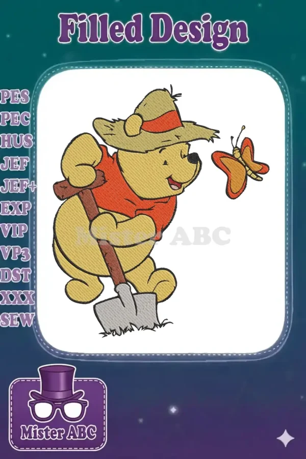 Winnie the Pooh embroidery design, dressed as a farmer with a straw hat and shovel, smiling at a butterfly.