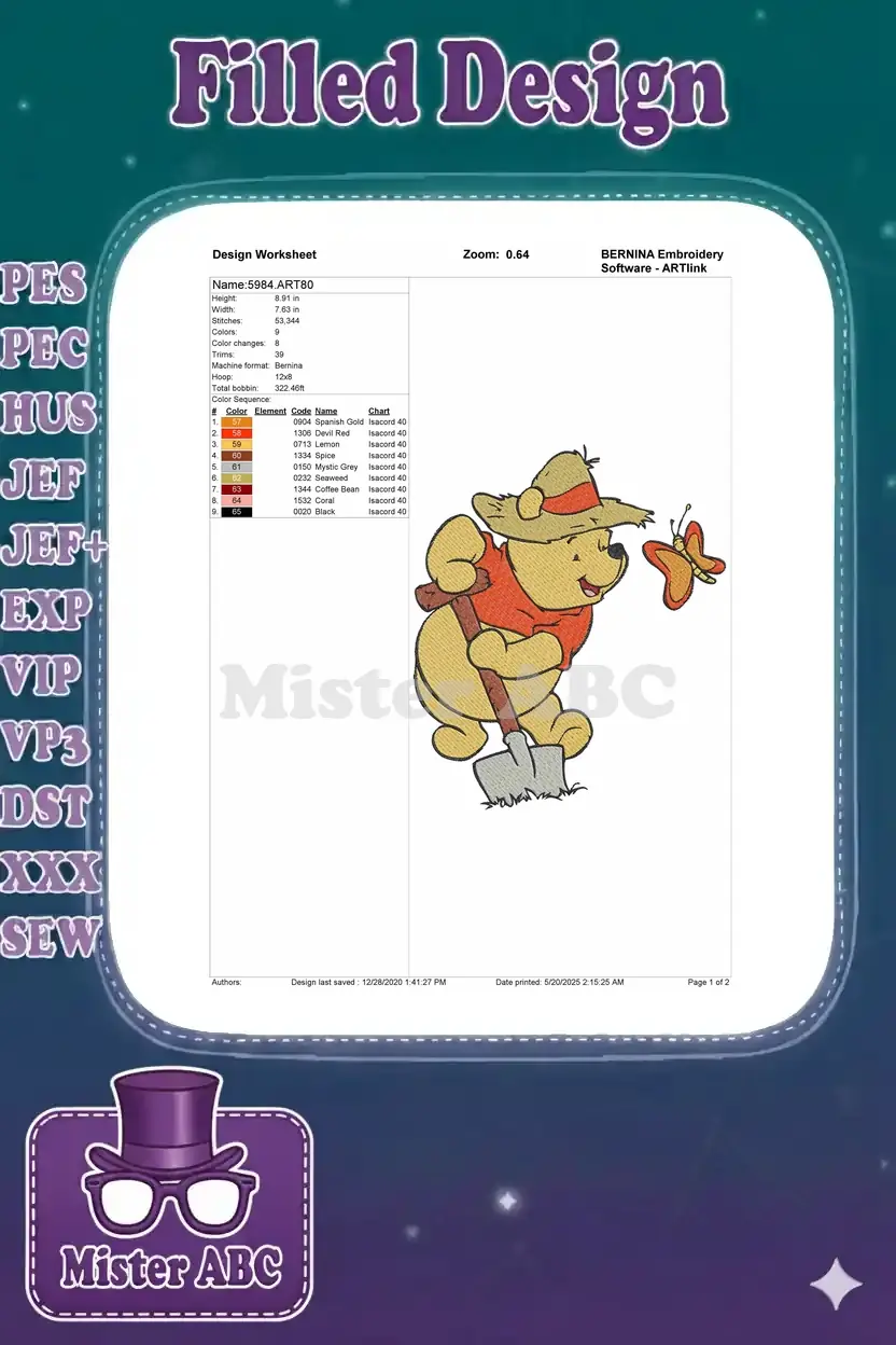 Embroidery design worksheet for Winnie the Pooh farmer, showing dimensions, stitch count, and color chart details.