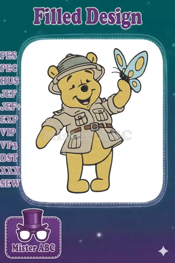Winnie the Pooh in a safari hat and jacket, smiling happily while holding a blue and yellow butterfly.