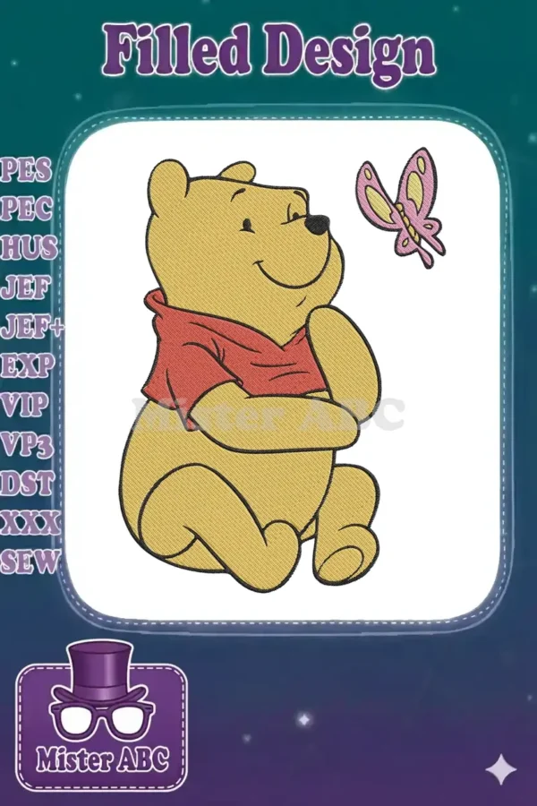 Winnie the Pooh embroidery design, depicting Pooh sitting and gazing at a vibrant pink and yellow butterfly.