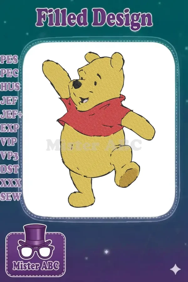 A vibrant machine embroidery design of Winnie the Pooh in a cheerful, dancing pose, ready to be stitched.