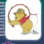 Winnie Pooh bear fishing in water with bottle embroidery designs - Instant Download