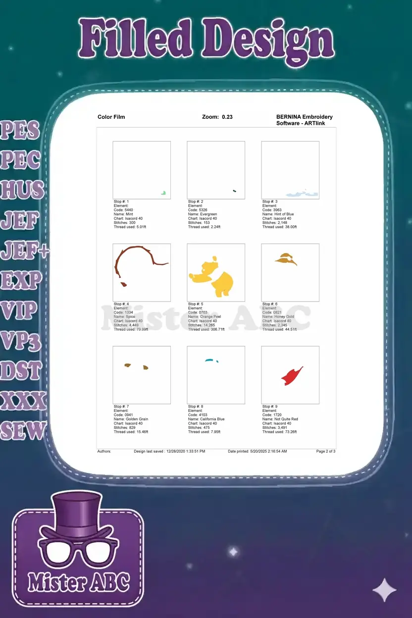 Color film breakdown for Winnie the Pooh embroidery, showing the first 9 color stops and stitch progression.