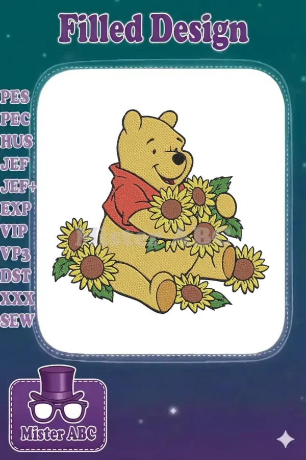 Winnie the Pooh embroidery design, smiling while seated amidst a vibrant bouquet of yellow sunflowers.